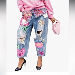 NWT Peekskill Barrel Jeans Wide Leg High Waist Rhinestone Floral Ripped Baggy